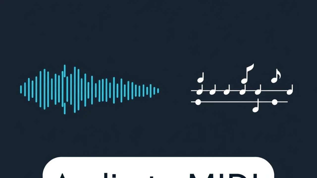 Sound waveform transforming into MIDI piano roll notation with AI neural network visualization