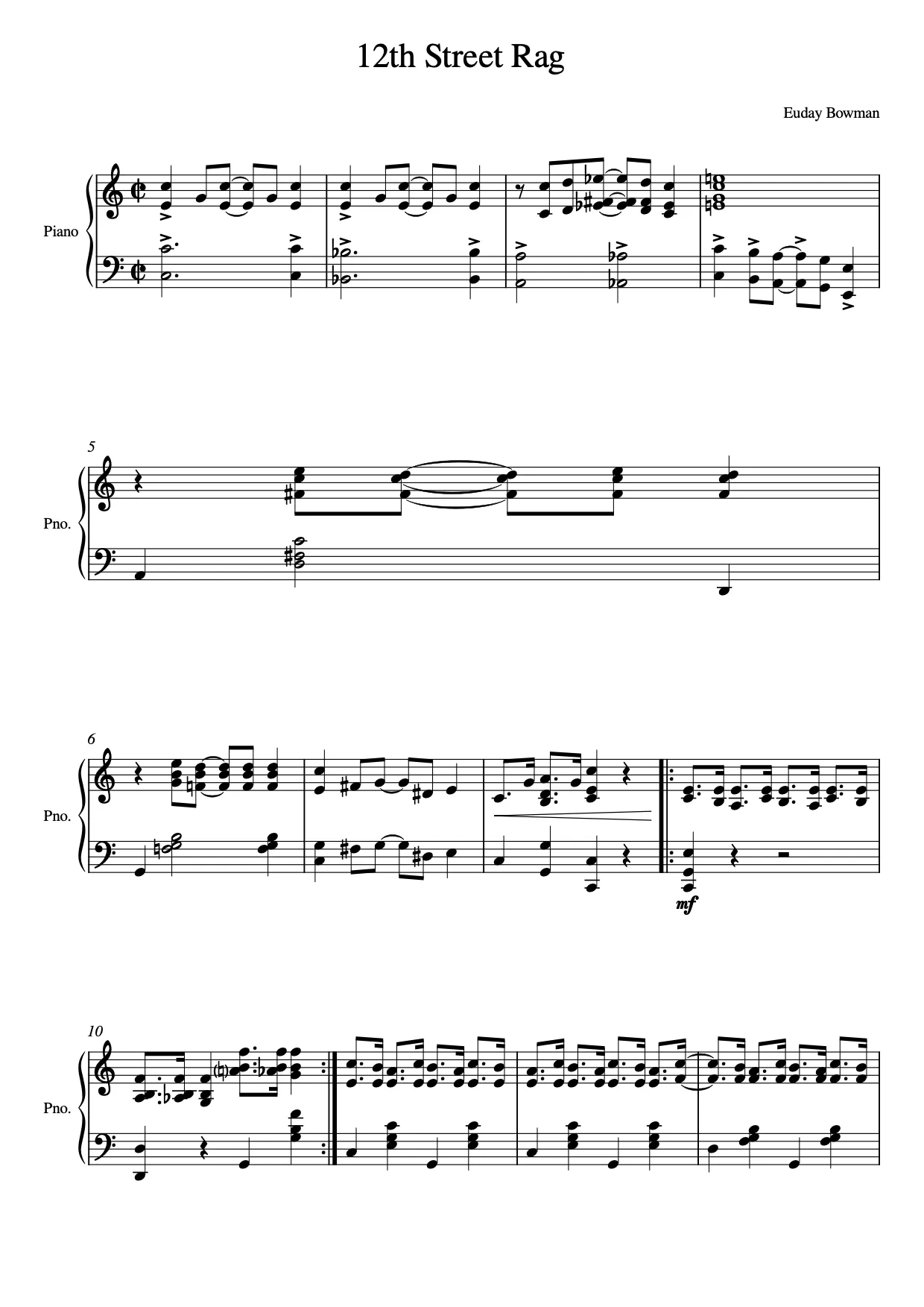 Sheet music page 1, 12th Street Rag - Intermediate Version
