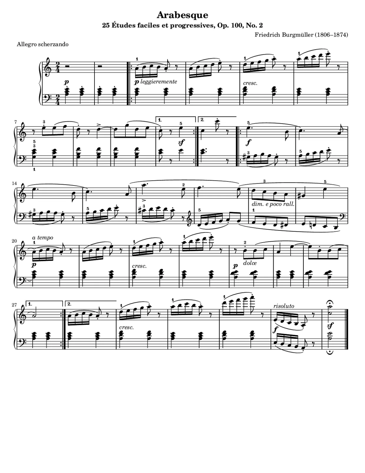 Sheet music page 1, Arabesque (Burgmüller) - Intermediate Version