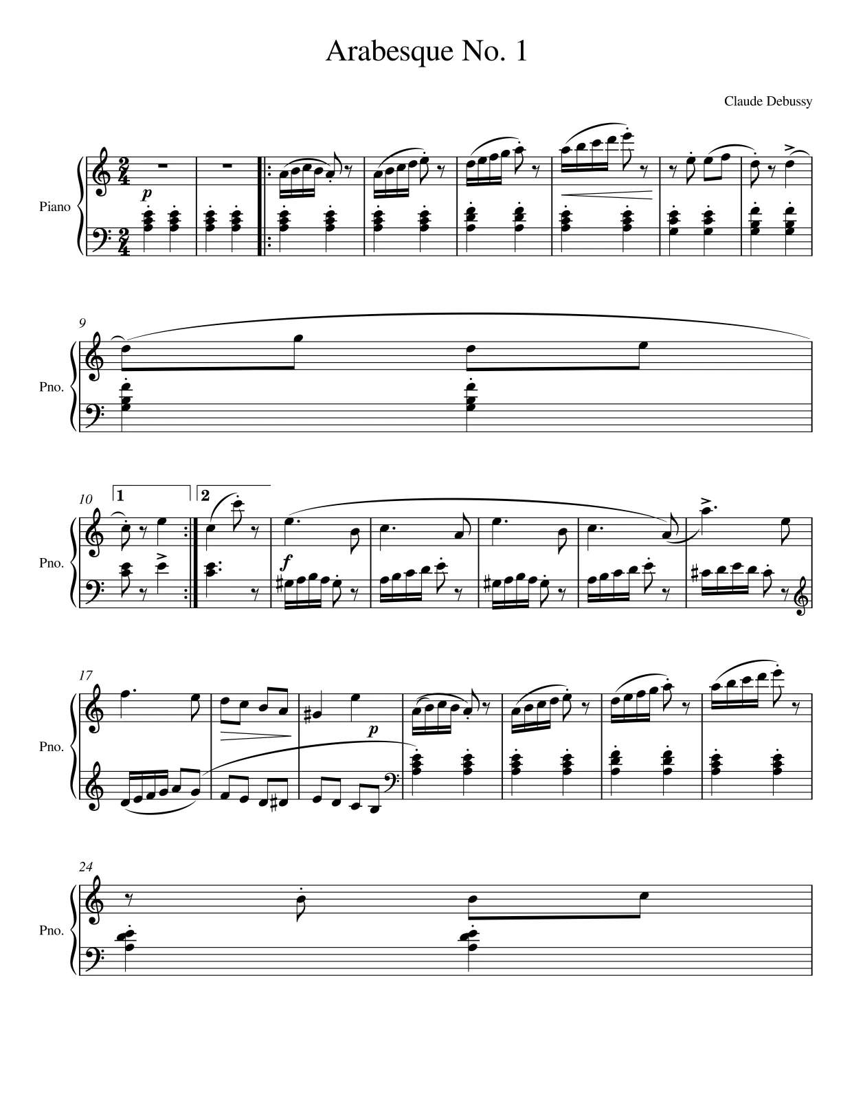 Sheet music page 1 Arabesque No. 1 - Intermediate Version