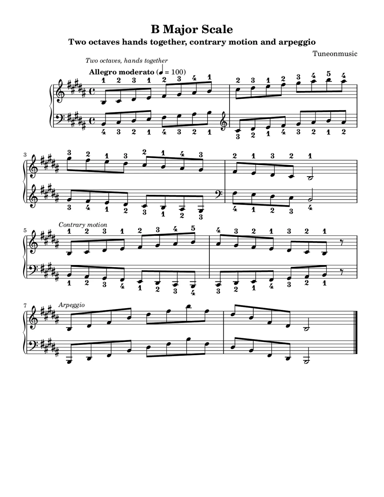 Sheet music page 1, B Major Scale - Intermediate Version