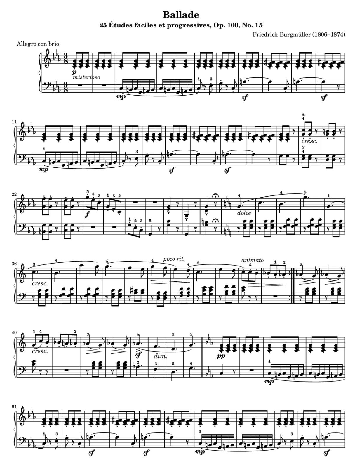 Sheet music page 1, Ballade (Burgmüller) - Intermediate Version
