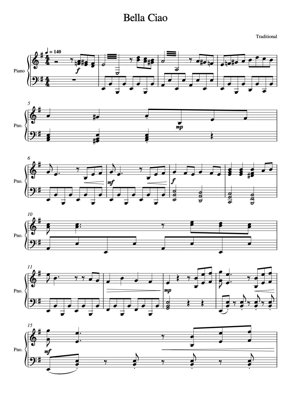 Sheet music page 1, Bella Ciao - Advanced Version