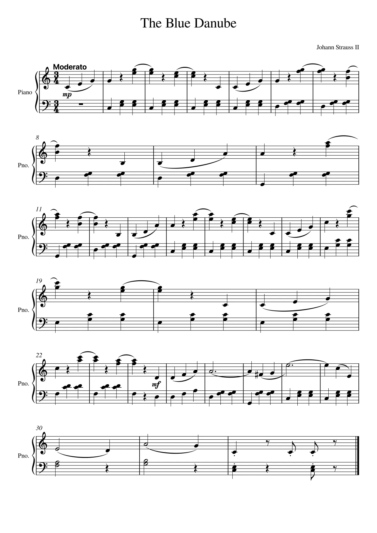 Sheet music page 1 The Blue Danube - Beginner Version