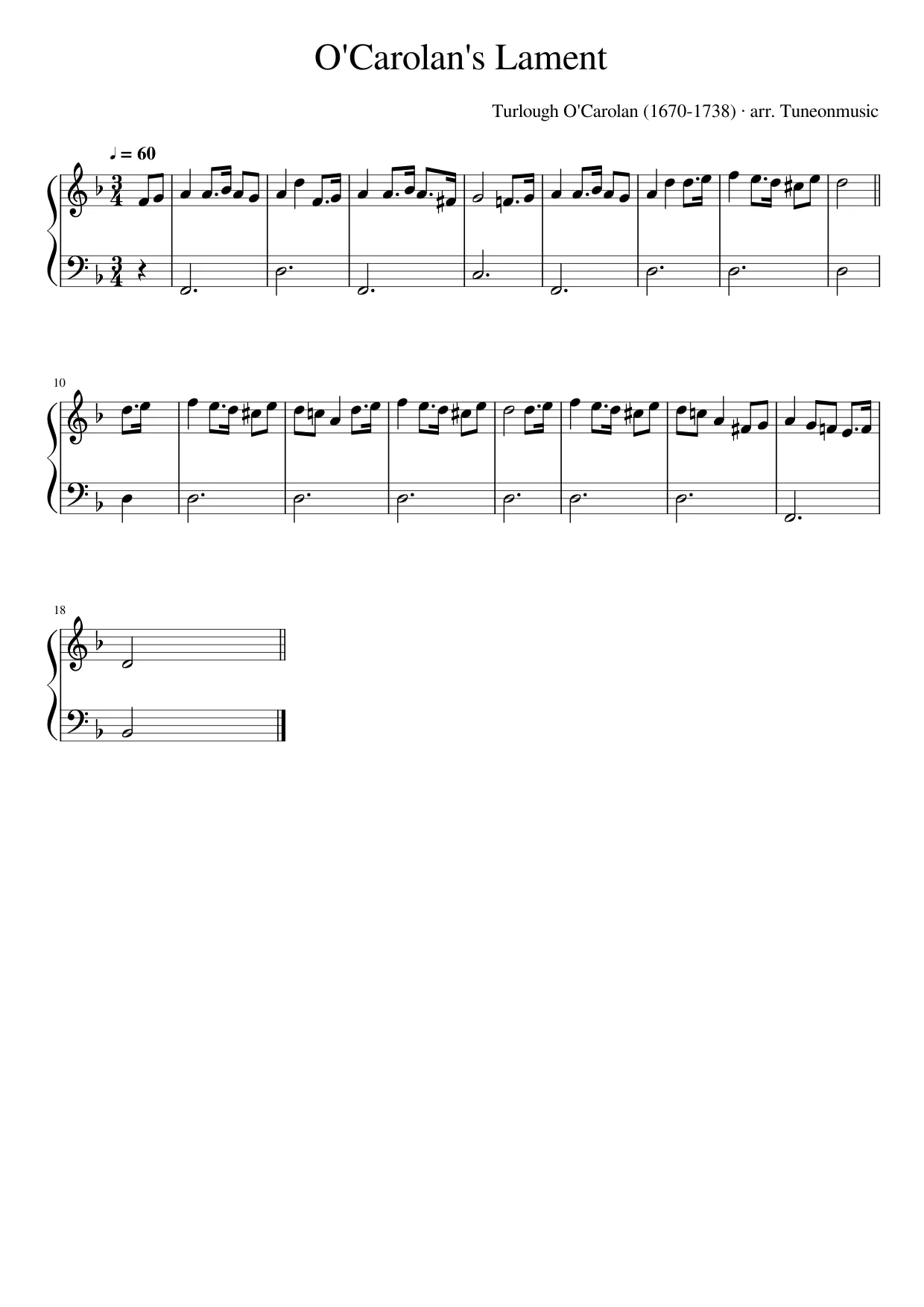 Sheet music page 1, O'Carolan's Lament - Beginner Version