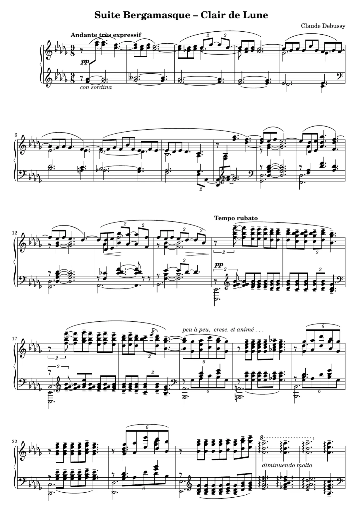 Sheet music page 1, Clair de Lune - Advanced Version