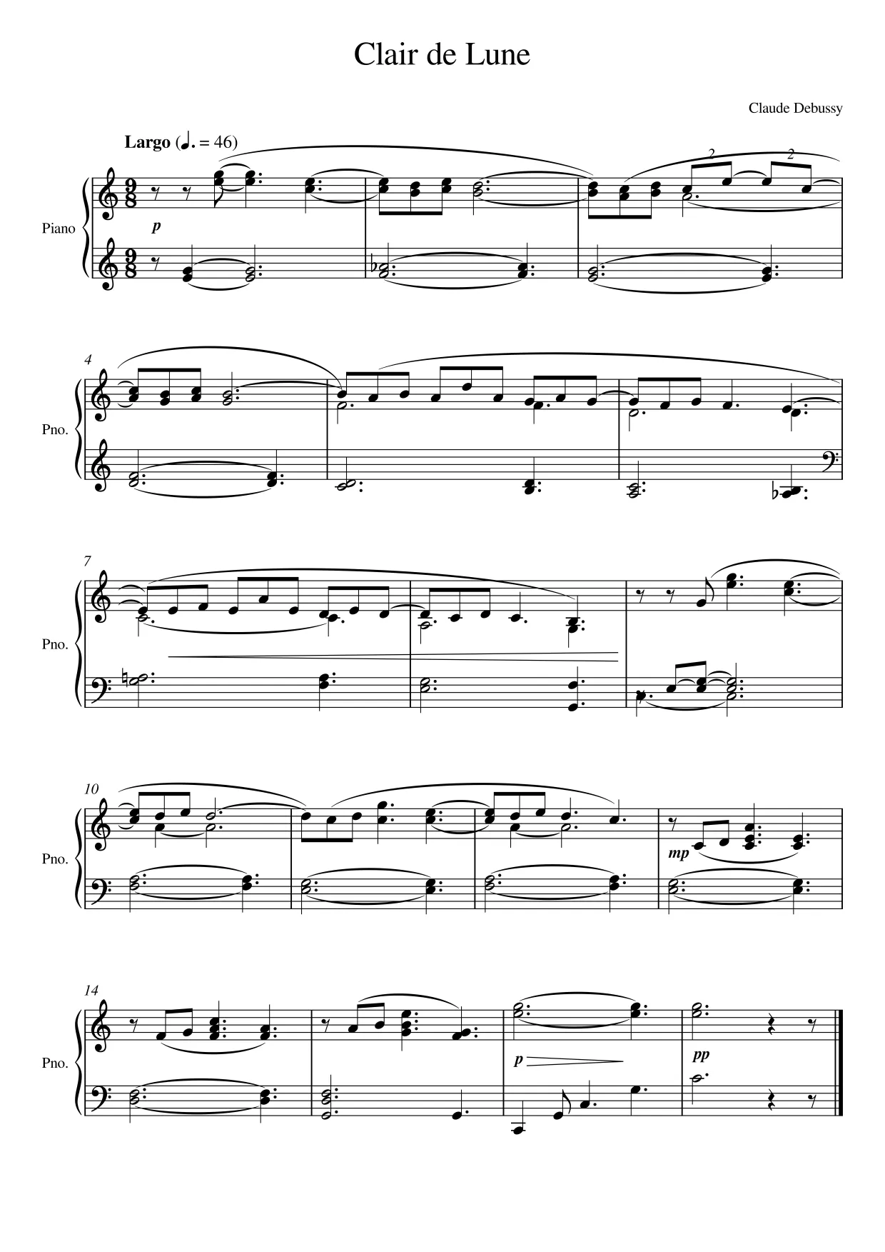 Sheet music page 1 Clair de Lune - Beginner Version