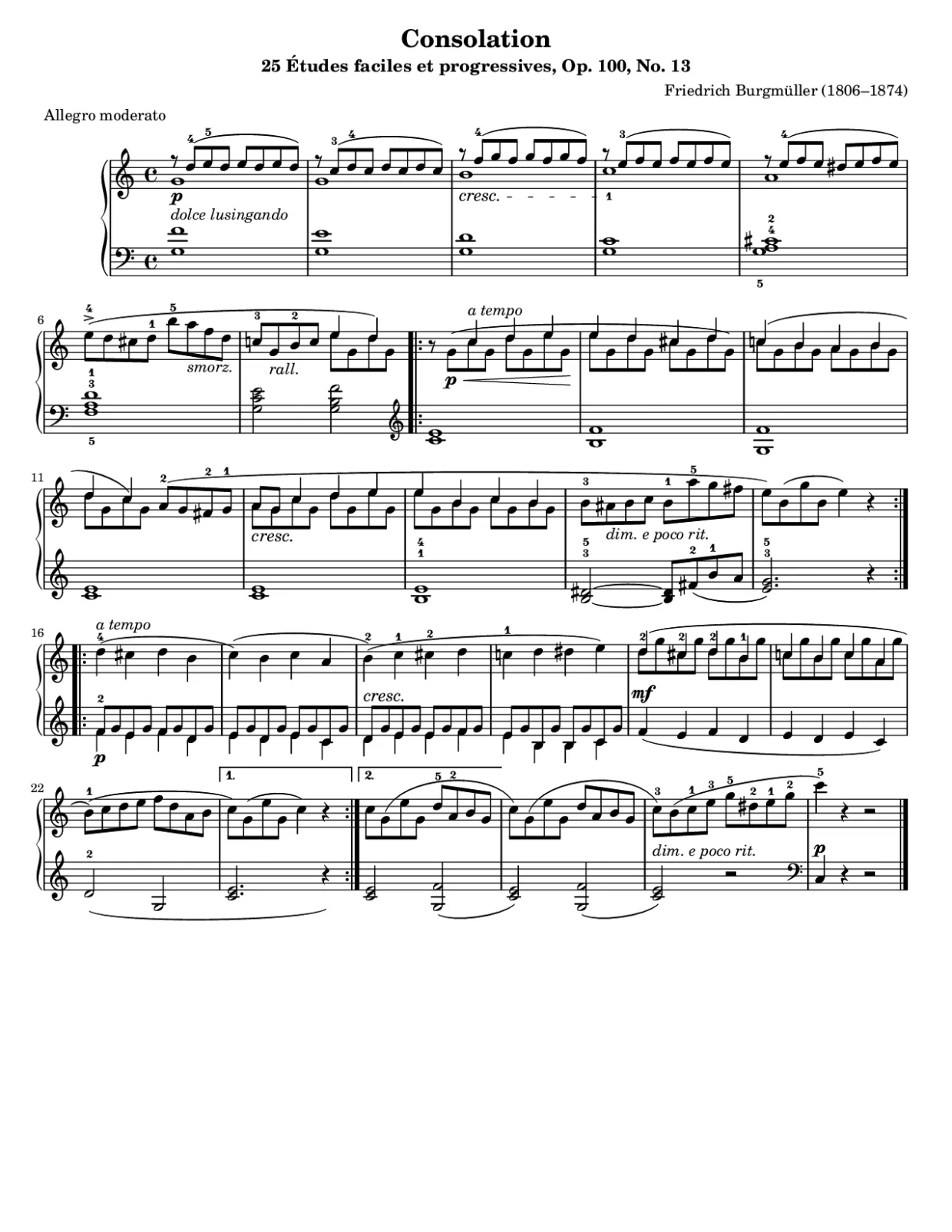 Sheet music page 1, Consolation (Burgmüller) - Intermediate Version