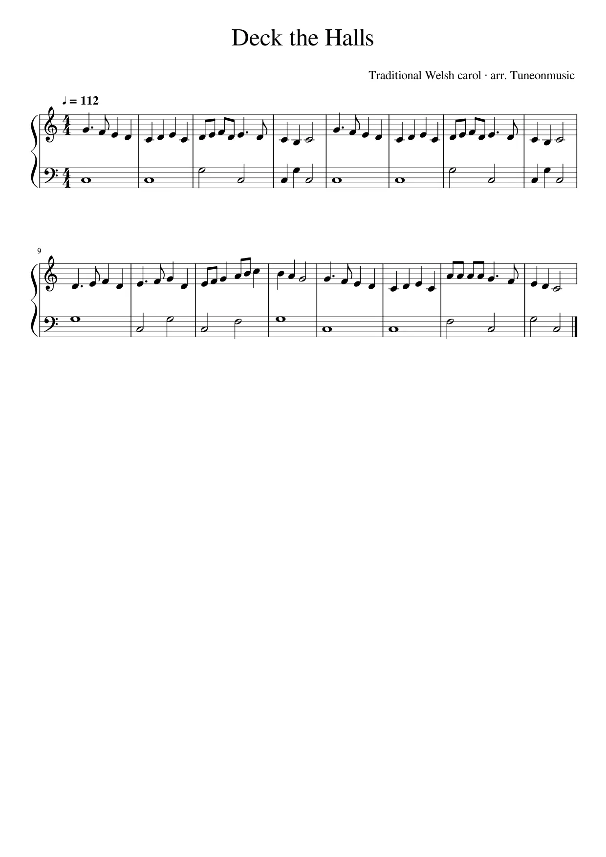 Sheet music page 1, Deck the Halls - Beginner Version