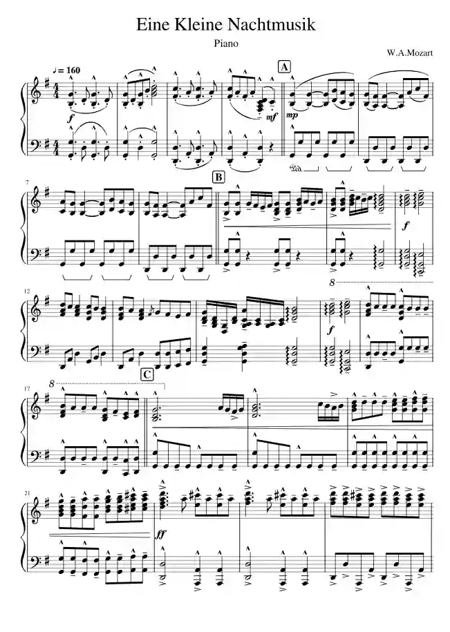 Sheet music page 1 Eine kleine Nachtmusik, K.525 - Advanced Version