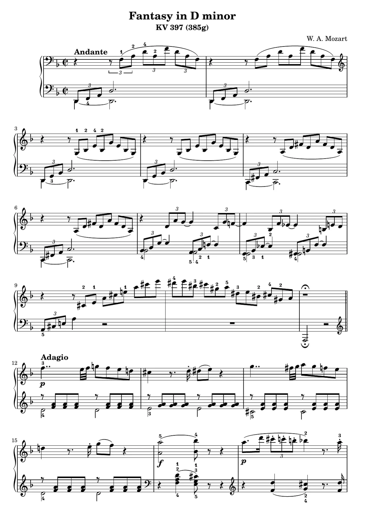 Sheet music page 1, Fantasia in D Minor (K. 397) - Intermediate Version
