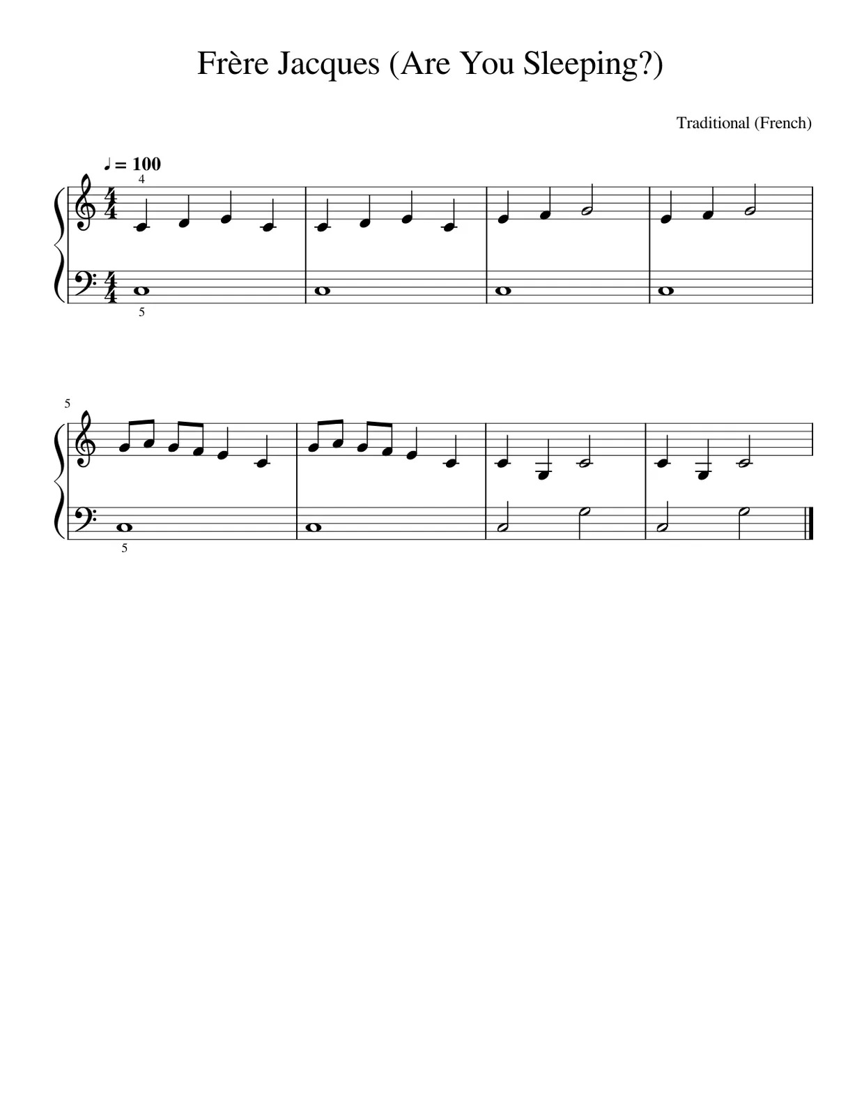 Sheet music page 1, Frère Jacques (Are You Sleeping?) - Beginner Version