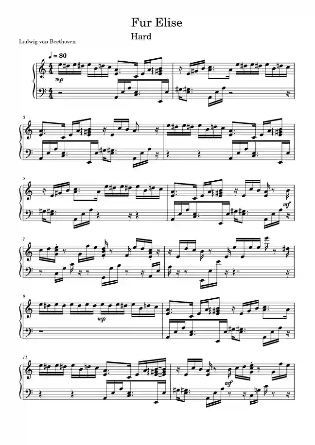 Sheet music page 1 Für Elise, WoO 59 - Advanced Version