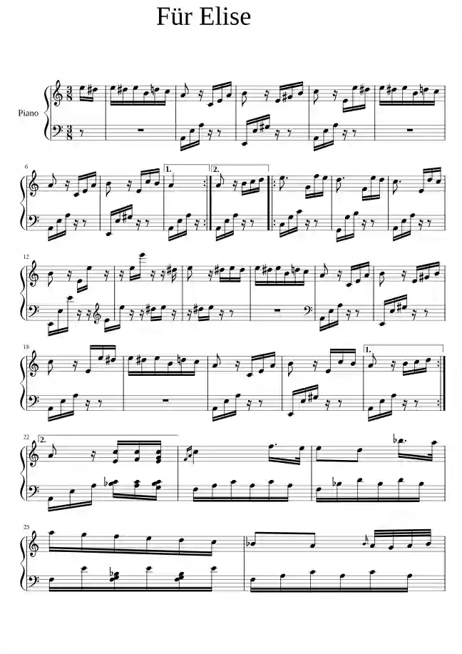 Sheet music page 1 Für Elise, WoO 59 - Intermediate Version
