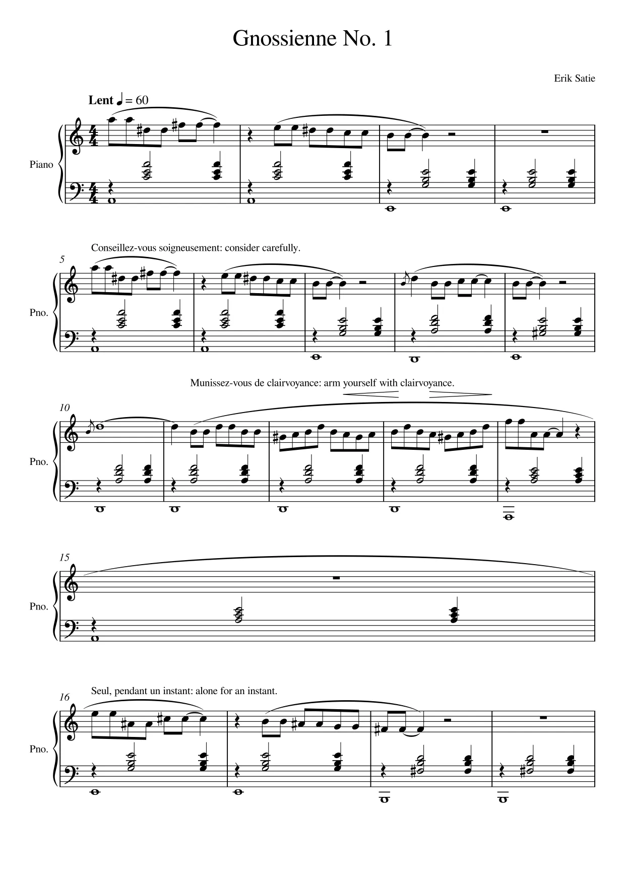 Sheet music page 1 Gnossienne No. 1 - Intermediate Version