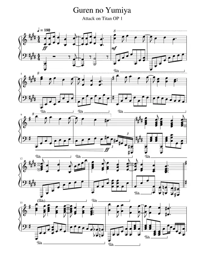 Sheet music page 1 Guren no Yumiya - Advanced Version