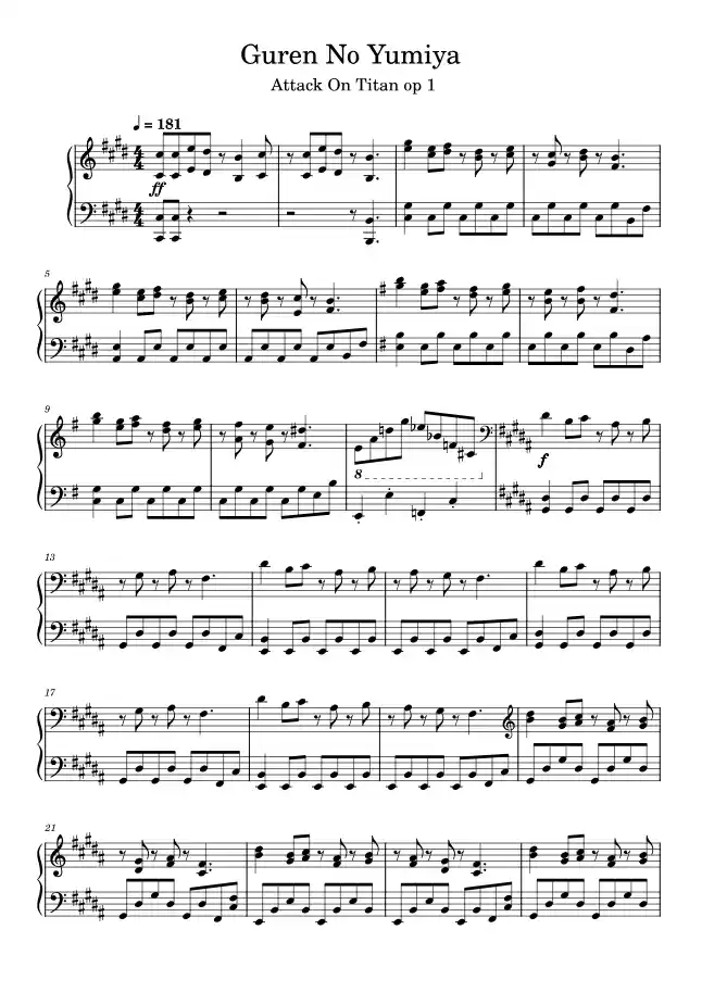 Sheet music page 1 Guren no Yumiya - Intermediate Version