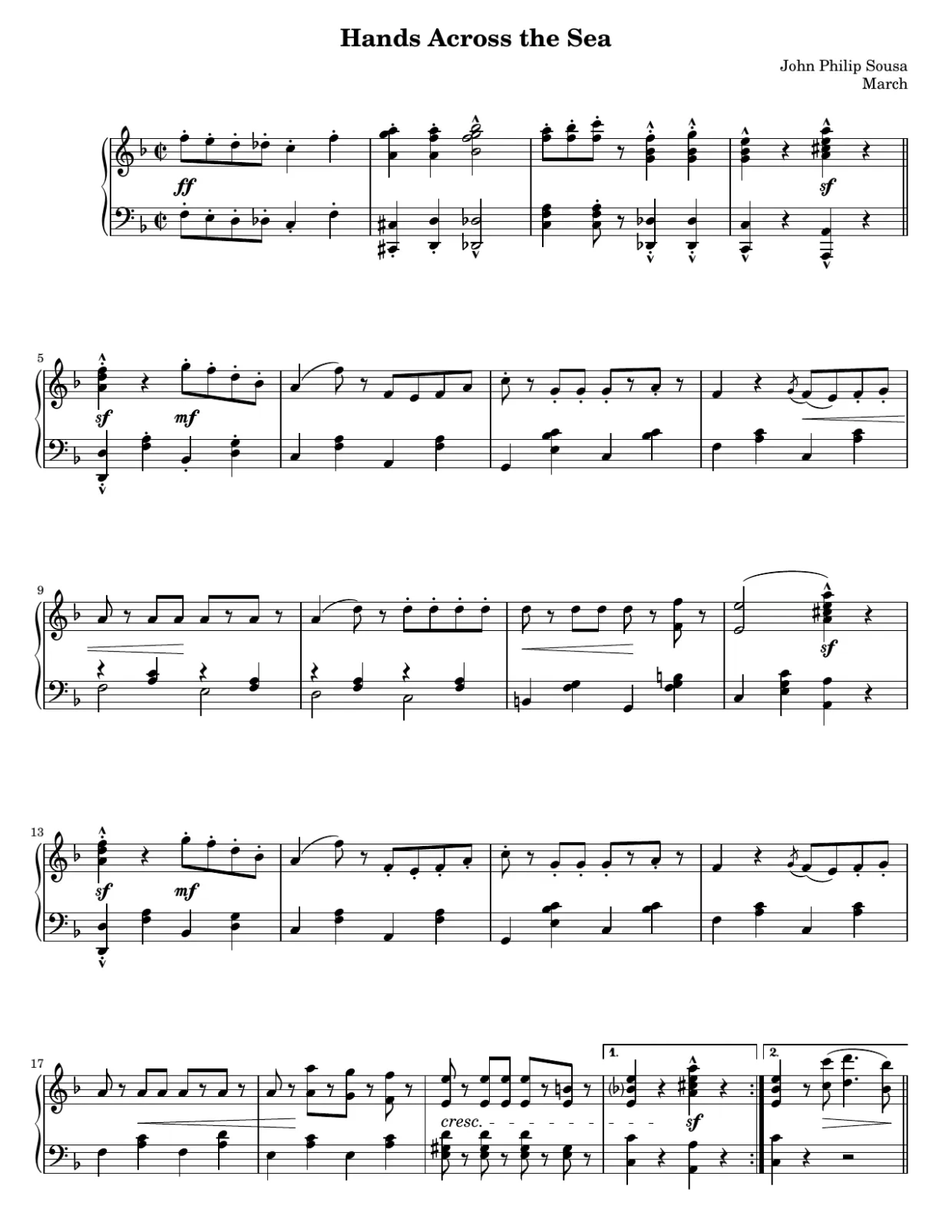 乐谱第 1 页，海上握手进行曲（Hands Across the Sea） - 中级版本