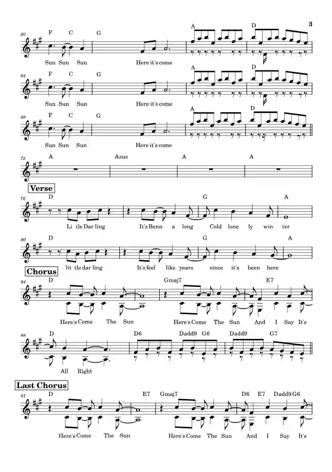 Sheet music page 3 Here Comes the Sun - Beginner Version