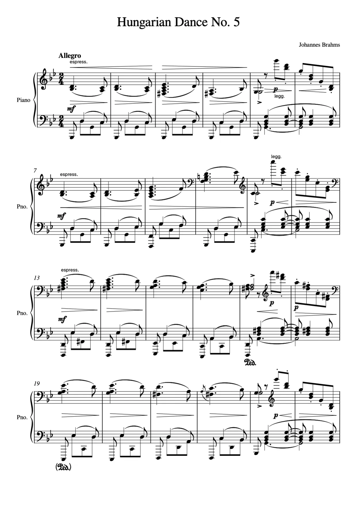 Sheet music page 1 Hungarian Dance No. 5 - Advanced Version