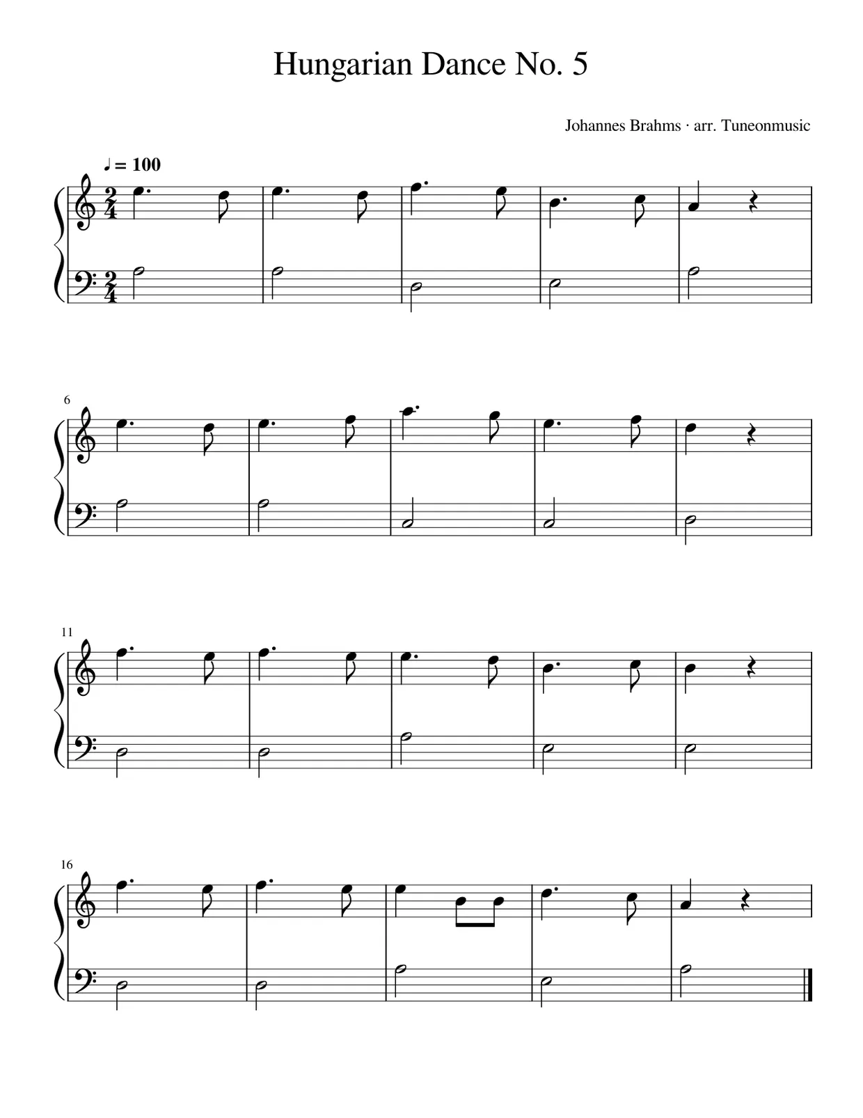 Sheet music page 1, Hungarian Dance No. 5 - Beginner Version