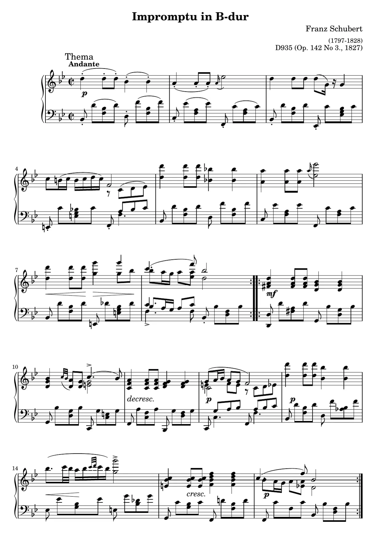 Sheet music page 1, Impromptu in B-flat Major (Op. 142 No. 3) - Advanced Version