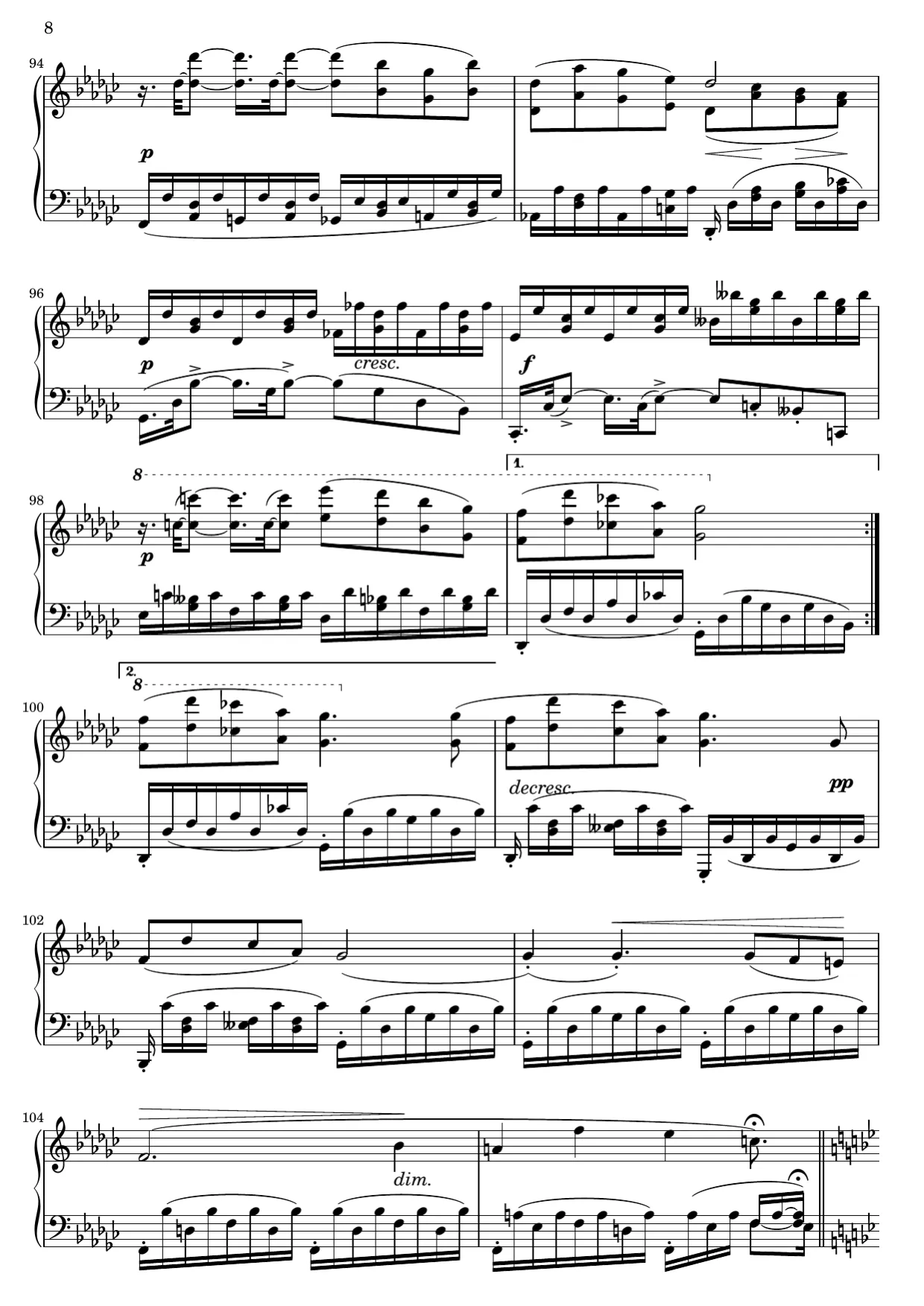 Sheet music page 8, Impromptu in B-flat Major (Op. 142 No. 3) - Advanced Version