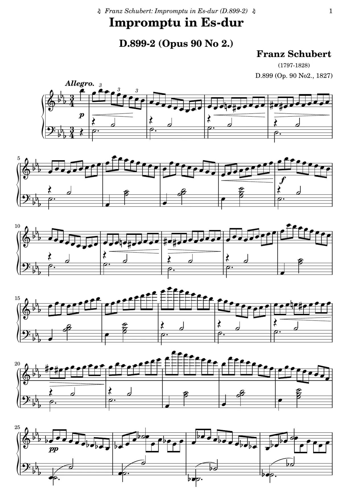 Sheet music page 1, Impromptu in E-flat Major (Op. 90 No. 2) - Advanced Version