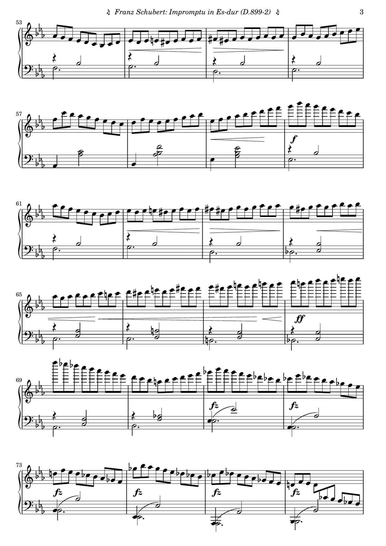 Sheet music page 3, Impromptu in E-flat Major (Op. 90 No. 2) - Advanced Version