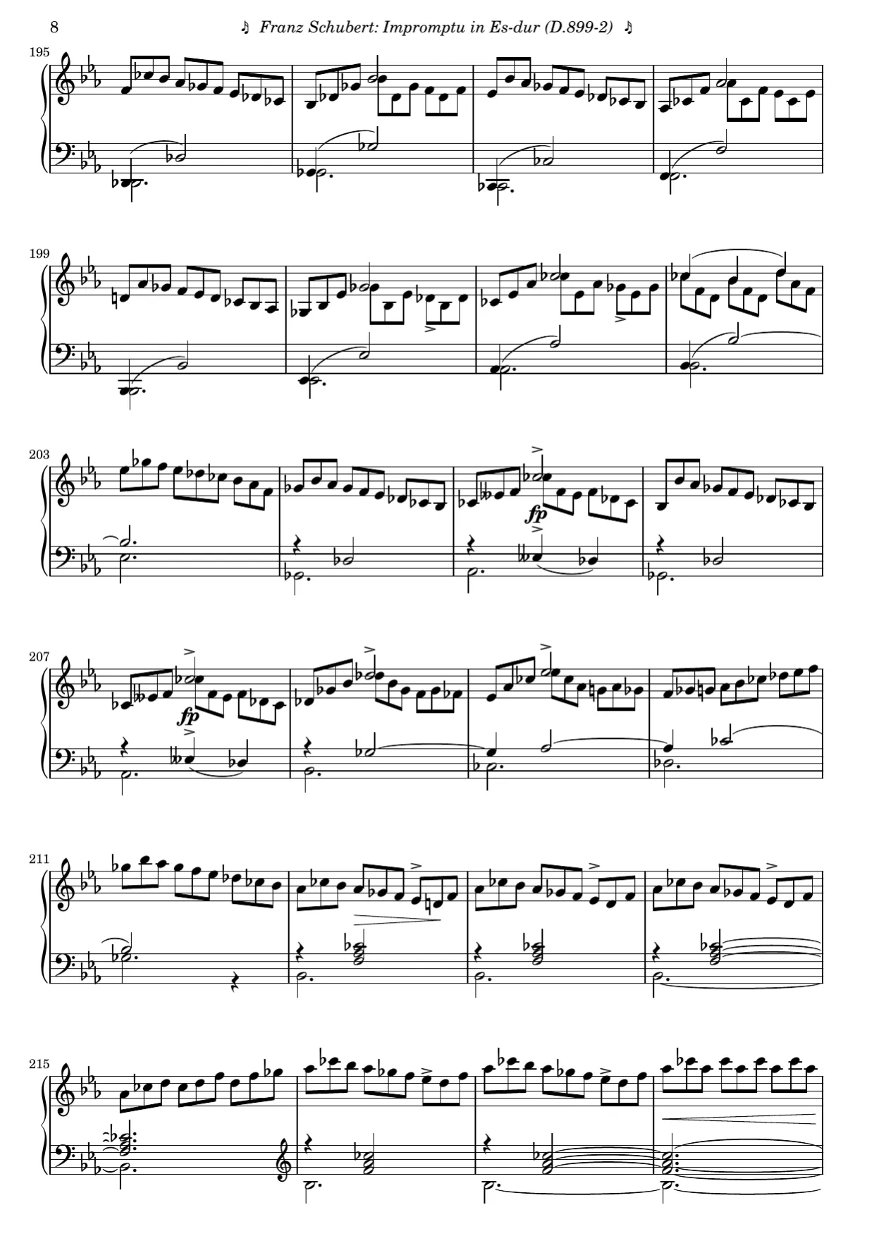 Sheet music page 8, Impromptu in E-flat Major (Op. 90 No. 2) - Advanced Version