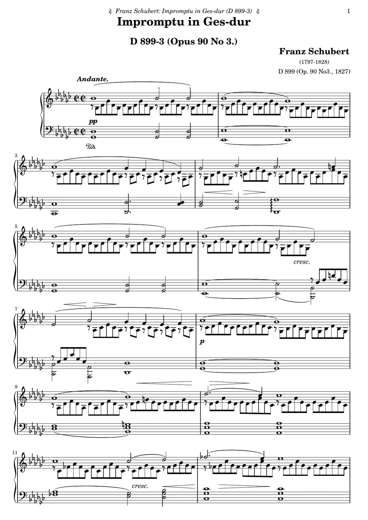 Sheet music page 1, Impromptu in G-flat Major (Op. 90 No. 3) - Advanced Version