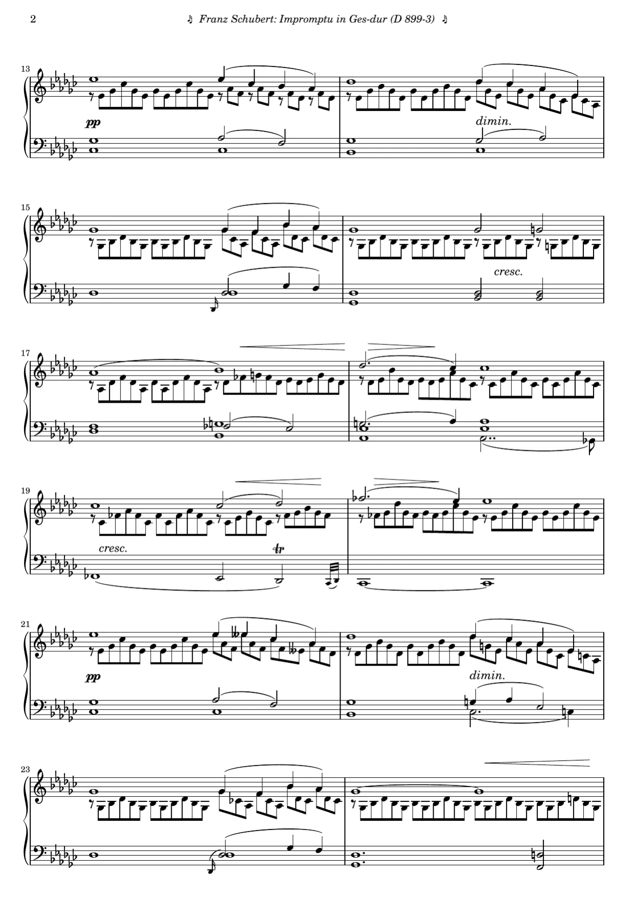 Sheet music page 2, Impromptu in G-flat Major (Op. 90 No. 3) - Advanced Version