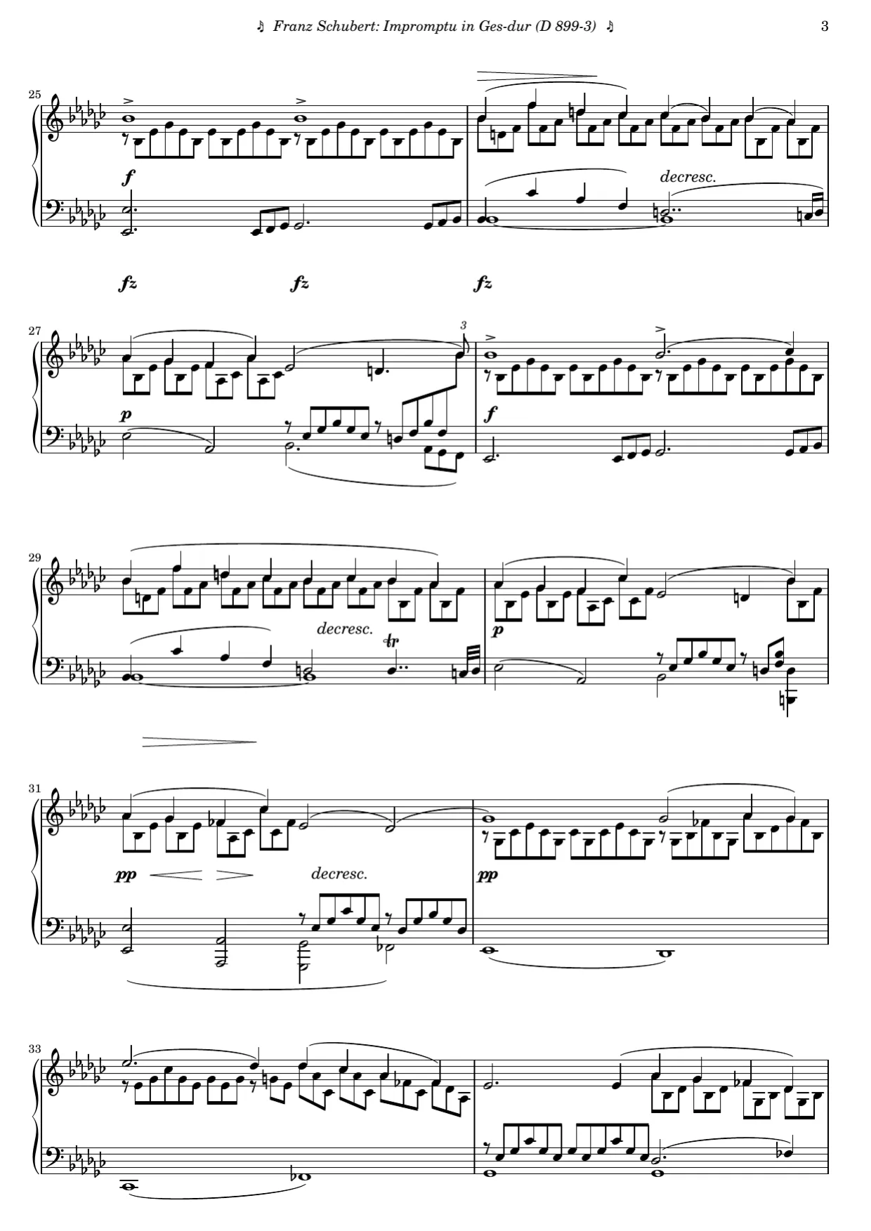 Sheet music page 3, Impromptu in G-flat Major (Op. 90 No. 3) - Advanced Version