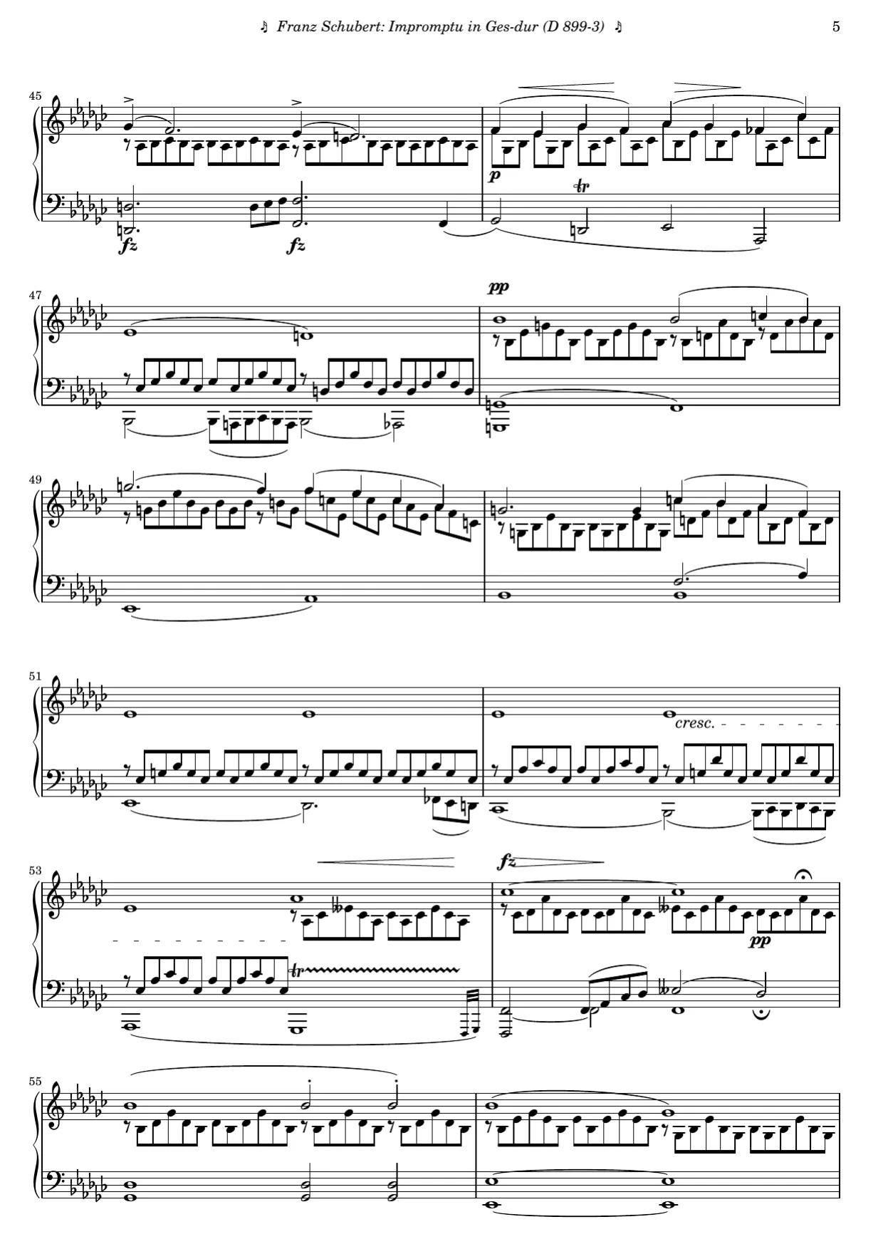 Sheet music page 5, Impromptu in G-flat Major (Op. 90 No. 3) - Advanced Version