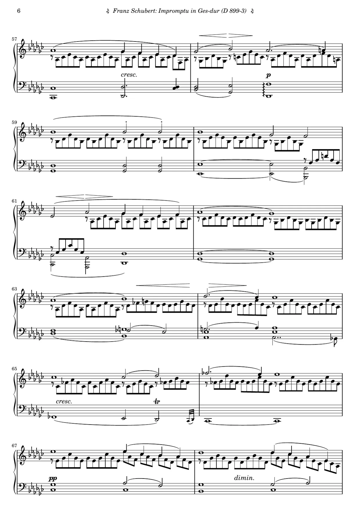 Sheet music page 6, Impromptu in G-flat Major (Op. 90 No. 3) - Advanced Version