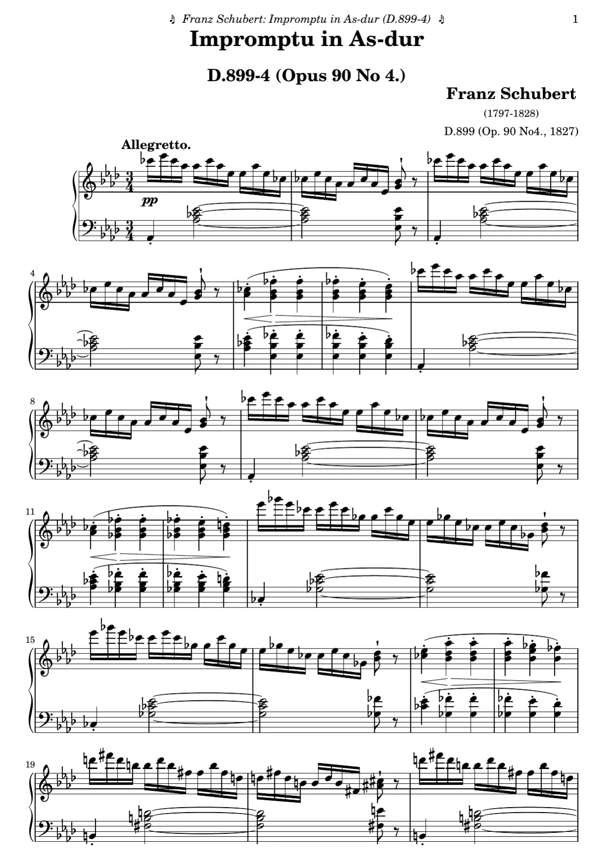Sheet music page 1, Impromptu in A-flat Major (Op. 90 No. 4) - Advanced Version
