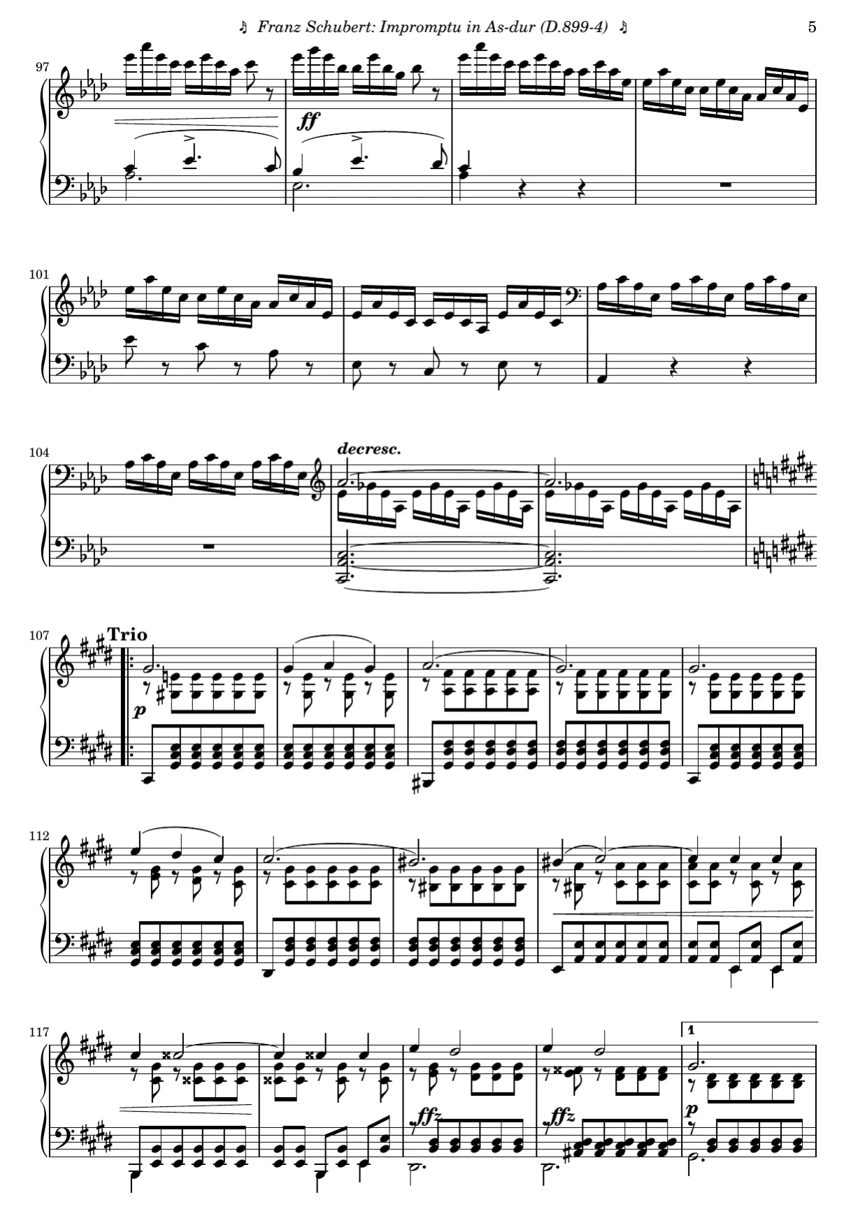 Sheet music page 5, Impromptu in A-flat Major (Op. 90 No. 4) - Advanced Version