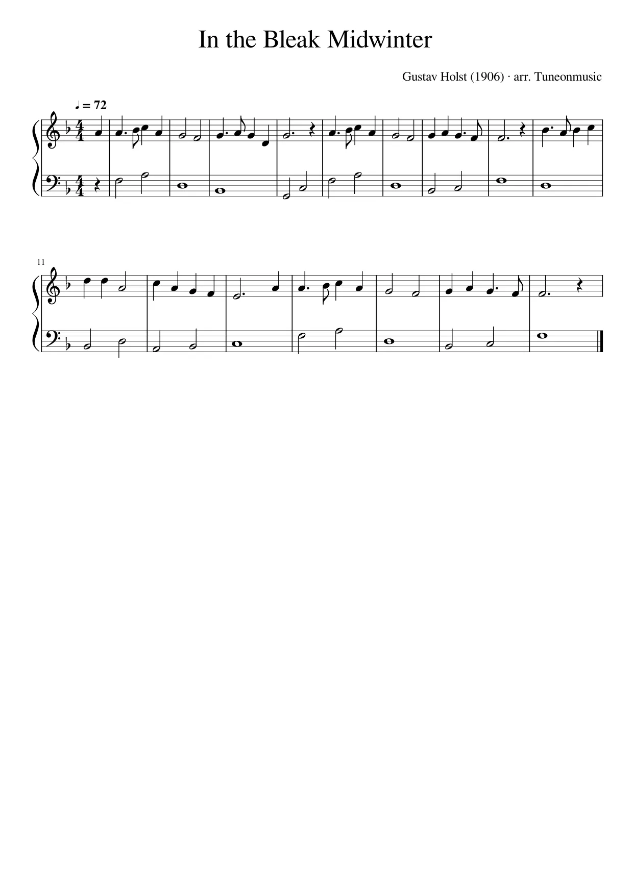 Sheet music page 1, In the Bleak Midwinter - Beginner Version