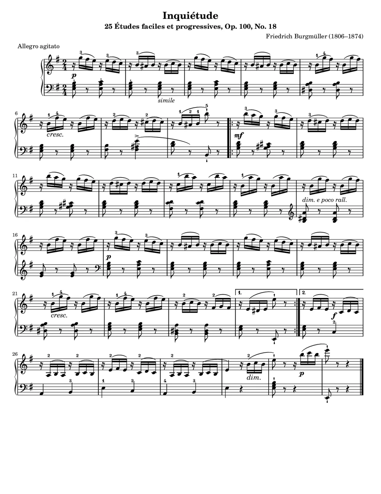 Notenseite 1, Inquiétude (Burgmüller) - Mittlere Version