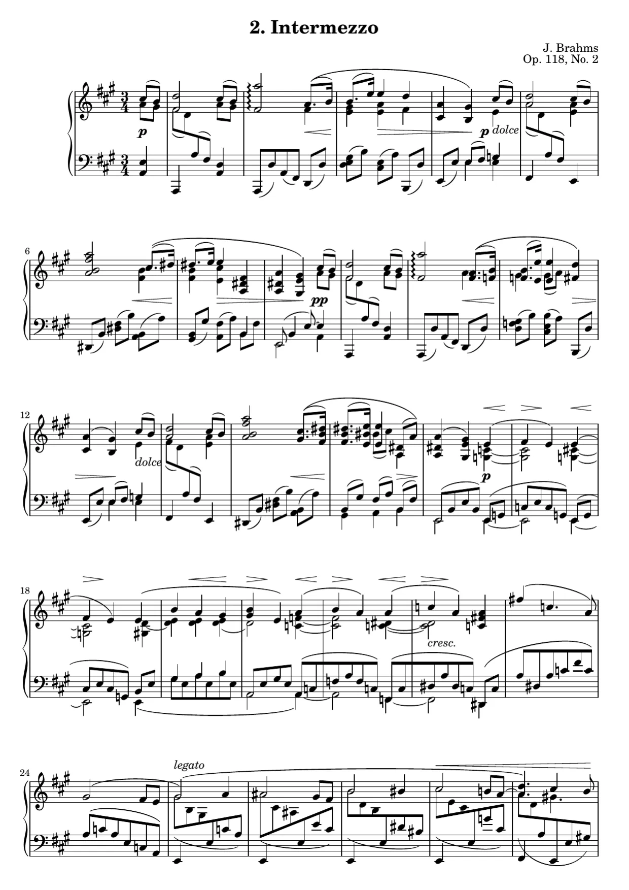 Sheet music page 1, Intermezzo in A Major (Op. 118 No. 2) - Advanced Version