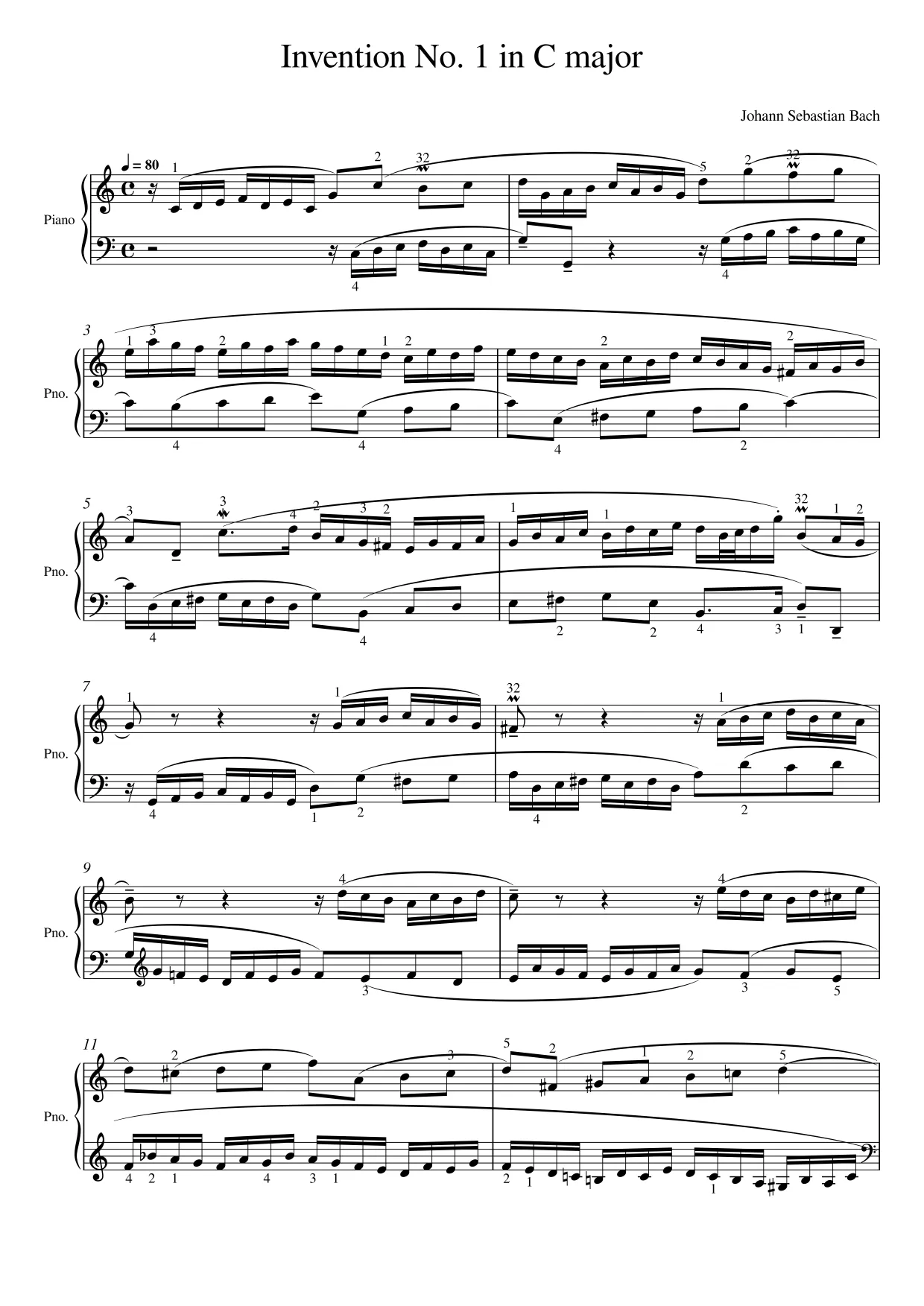 Sheet music page 1 Invention No. 1 in C major - Advanced Version