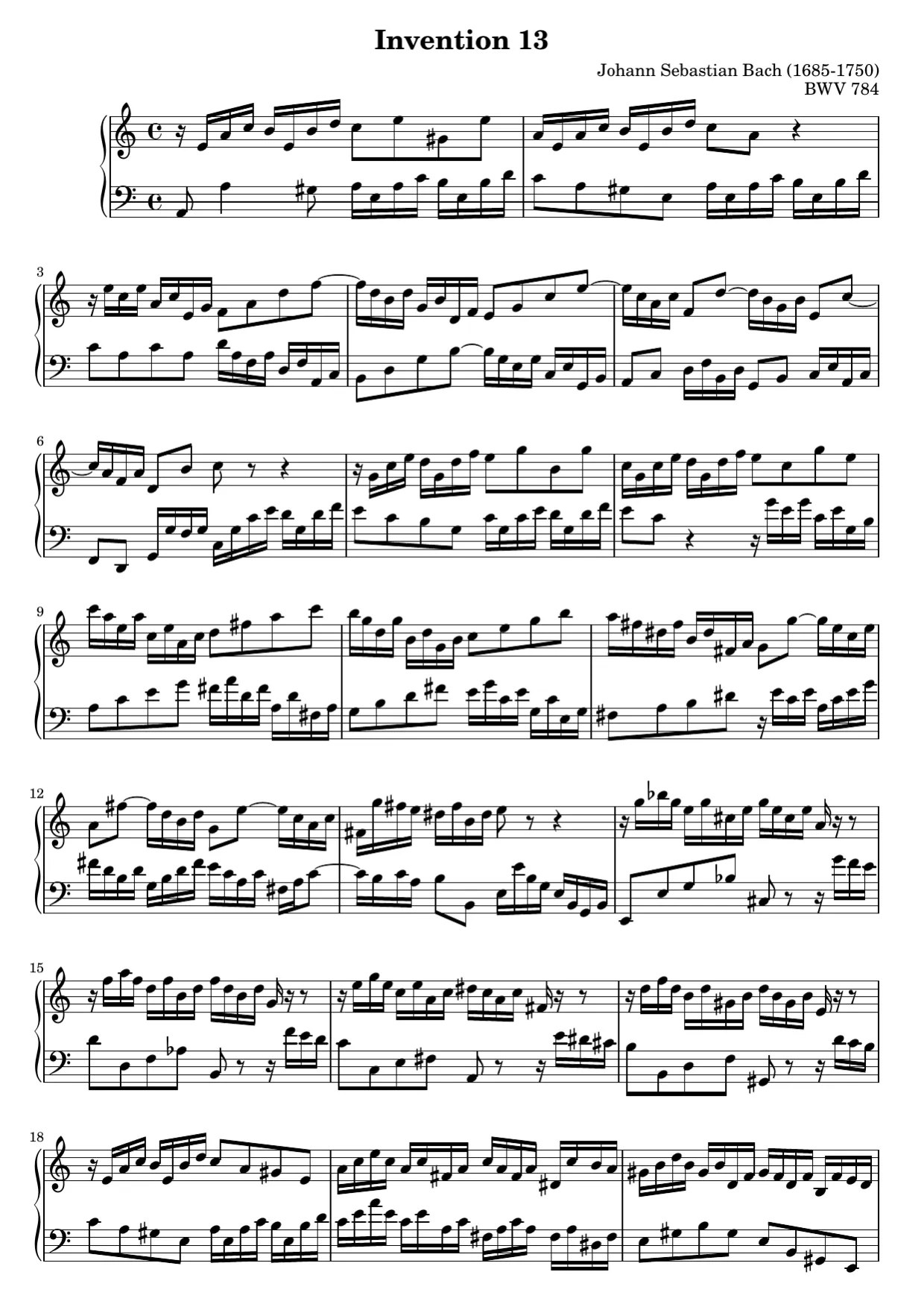 Sheet music page 1, Invention No. 13 in A Minor (BWV 784) - Intermediate Version