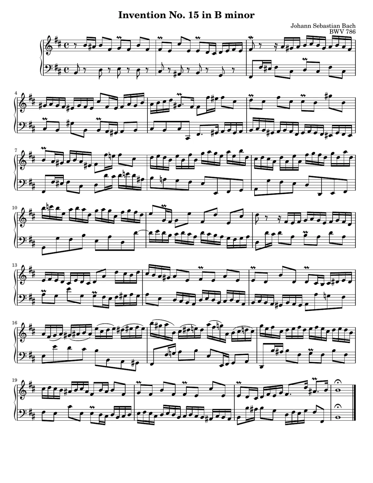 Notenseite 1, Invention Nr. 15 h-Moll (BWV 786) - Mittlere Version