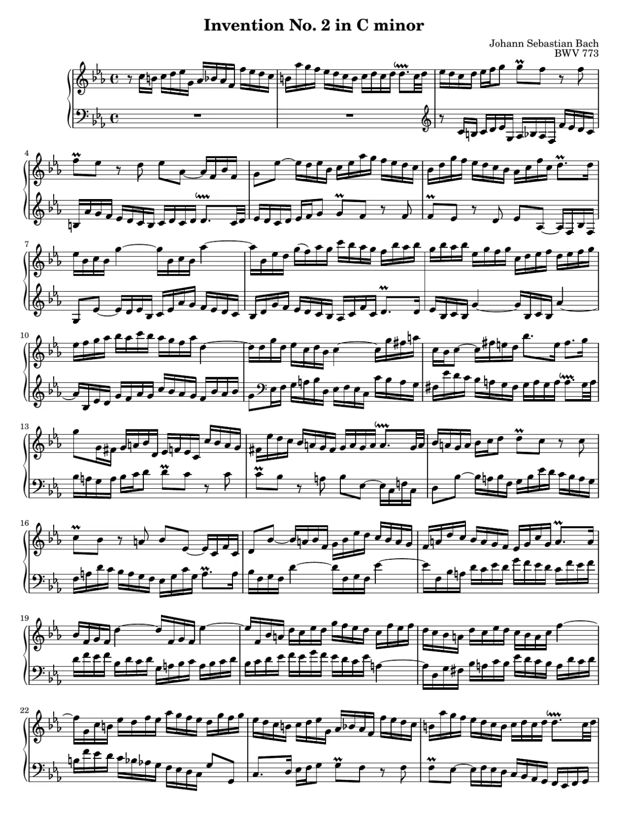 乐谱第 1 页，c小调第2号创意曲（BWV 773） - 中级版本