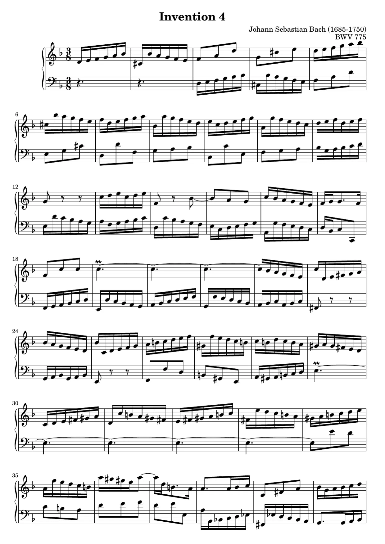 Sheet music page 1, Invention No. 4 in D Minor (BWV 775) - Intermediate Version