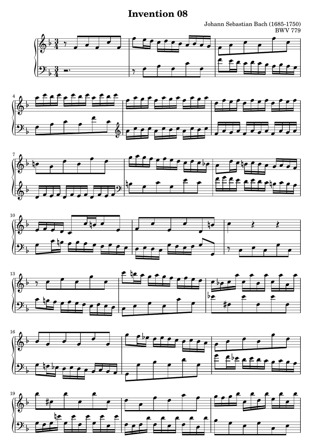 Sheet music page 1, Invention No. 8 in F Major (BWV 779) - Intermediate Version