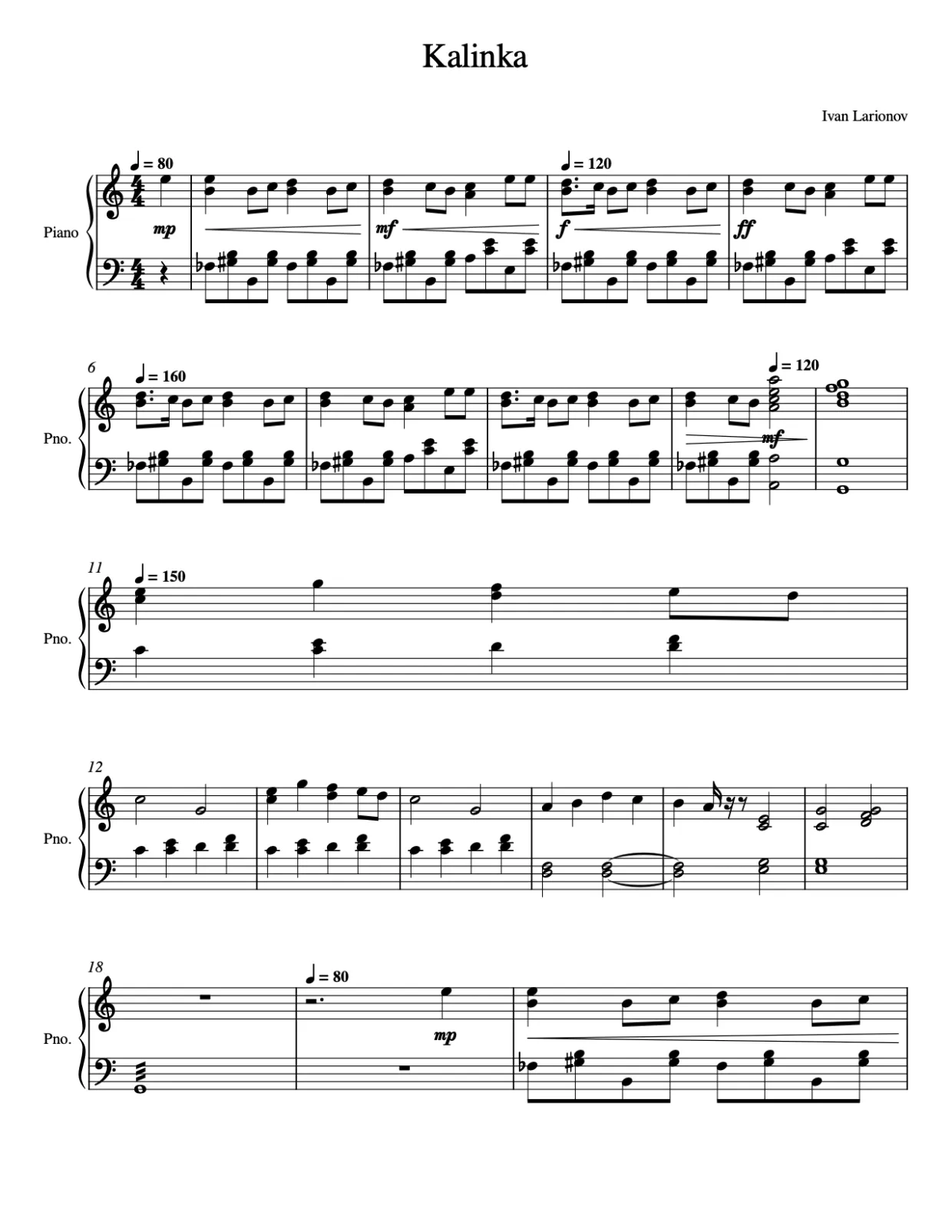 Sheet music page 1, Kalinka - Intermediate Version