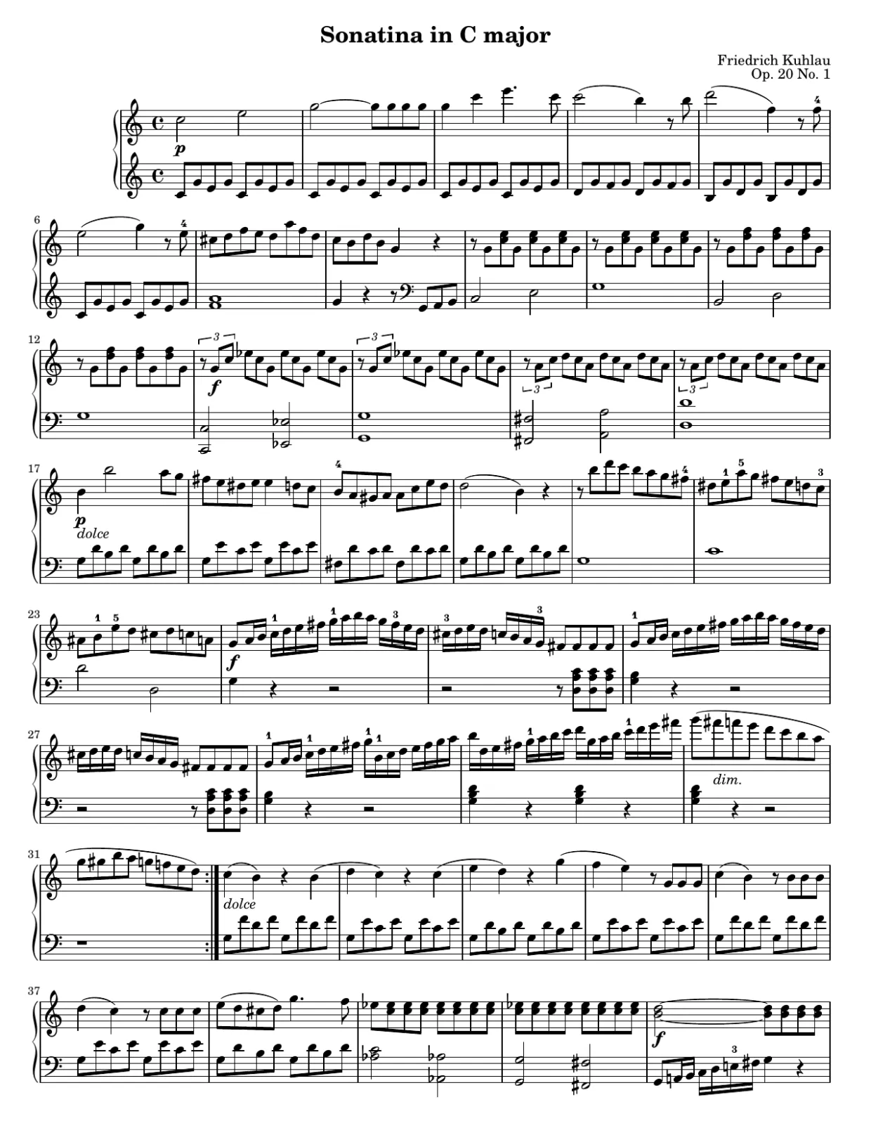 Pagina 1 dello spartito, Sonatina op. 20 n. 1 di Kuhlau - Versione intermedia