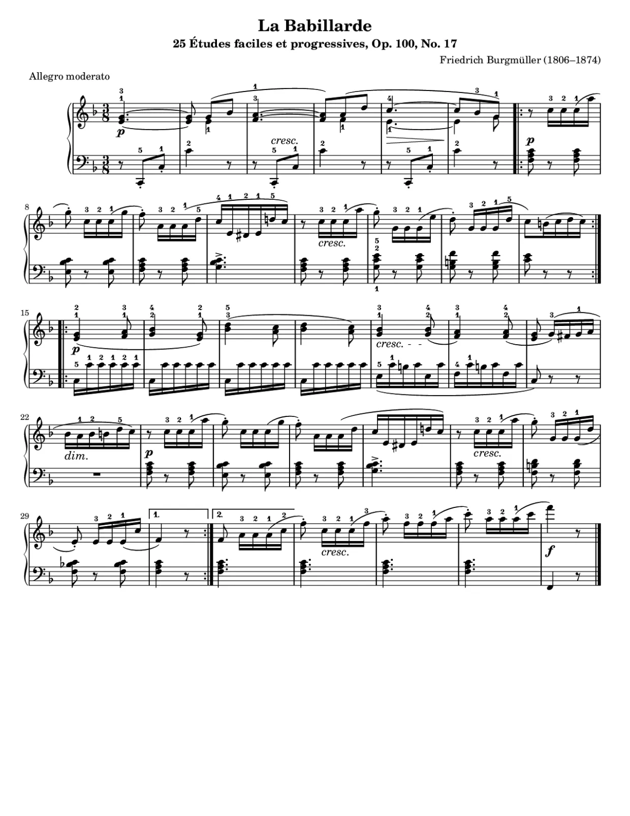 Sheet music page 1, La Babillarde (Burgmüller) - Intermediate Version