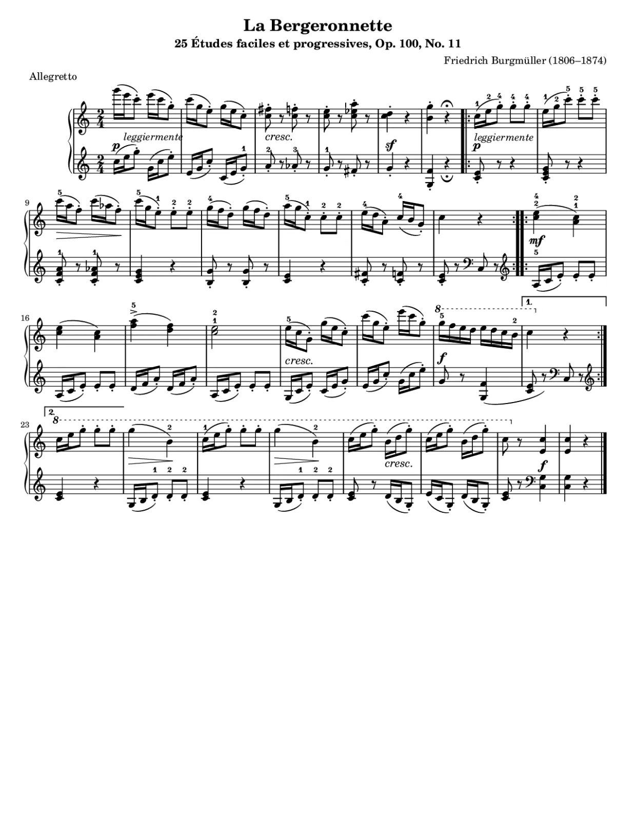 Sheet music page 1, La Bergeronnette (Burgmüller) - Intermediate Version